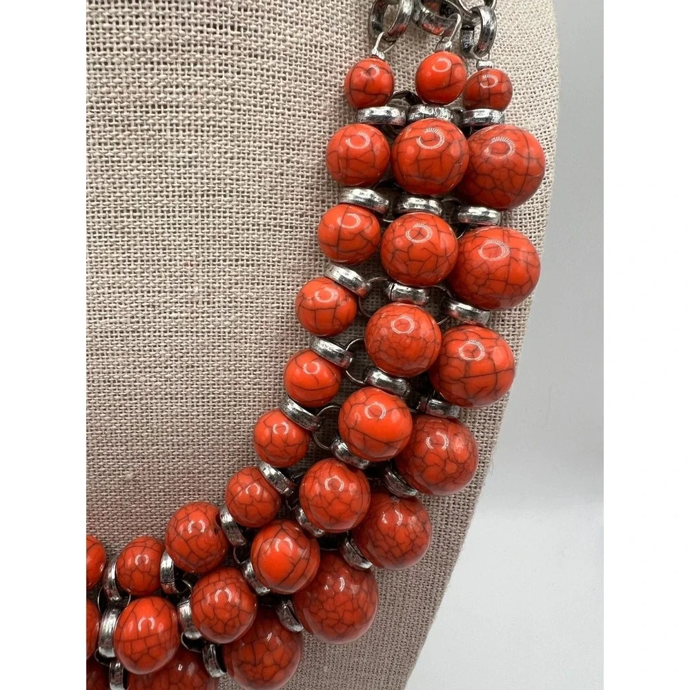 Orange Faux Stone Bib Necklace Statement Collar Boho Maximalist Acrylic Silver